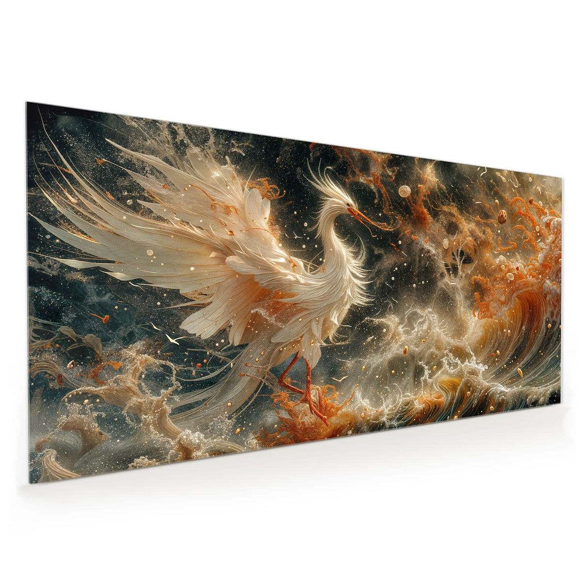 Küchenrückwand aus Glas im Hochformat mit Motiv Eleganter Vogel: Weißer Kranich mit ausgebreiteten Flügeln über dunklen Wellen mit goldenen Funken
