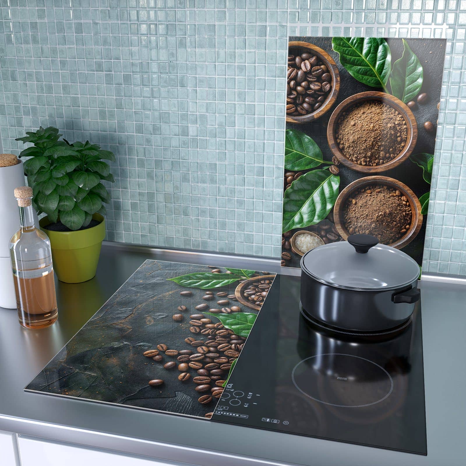 2-teilige Abdeckplatte Ceranfeld mit Kaffeebohnen Und Blaetter-Motiv als Spritzschutz hinter dem Kochfeld