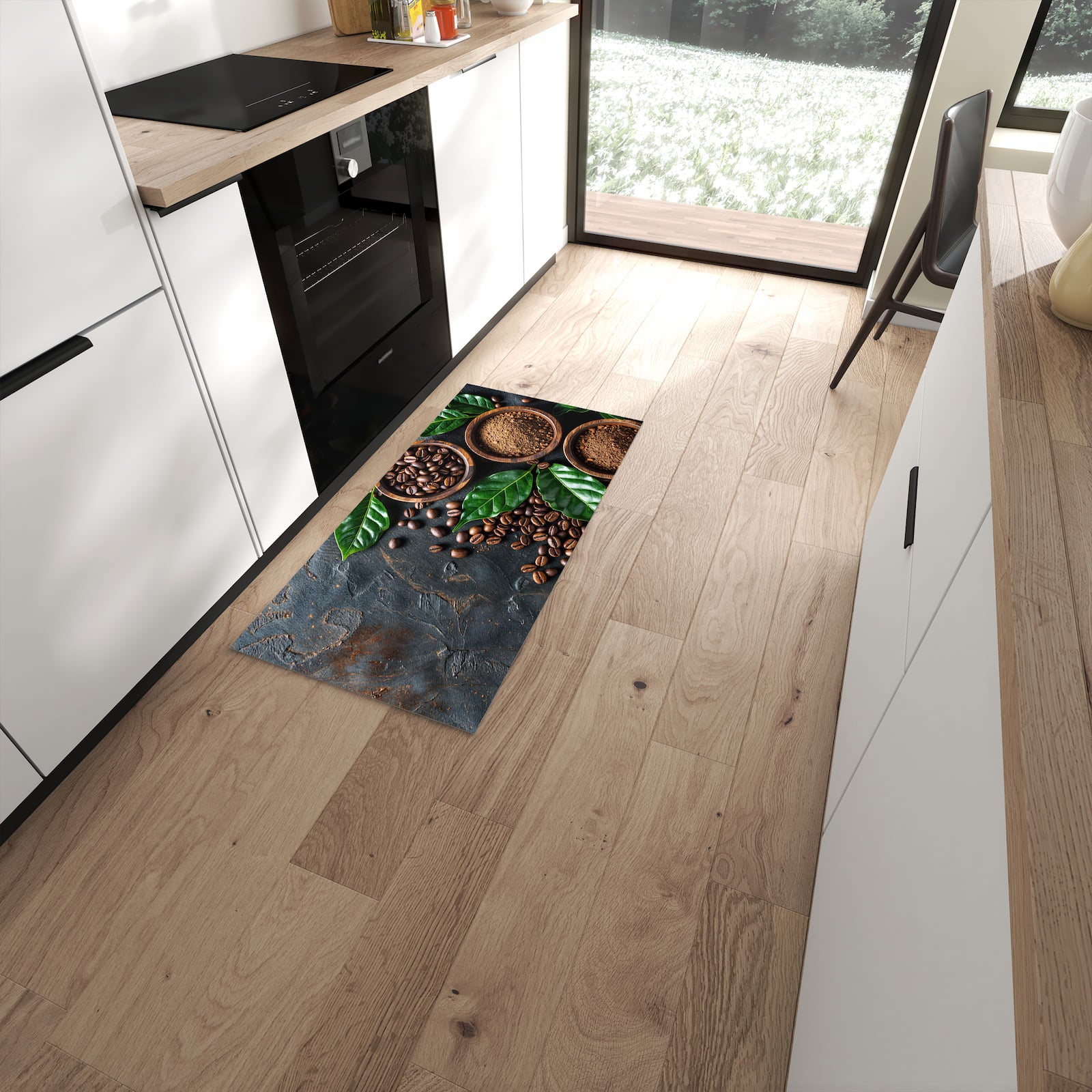 Bodenschonender Küchenteppich mit Motiv Kaffeebohnen Und Blaetter in moderner Küche #grösse_60 x 120 cm