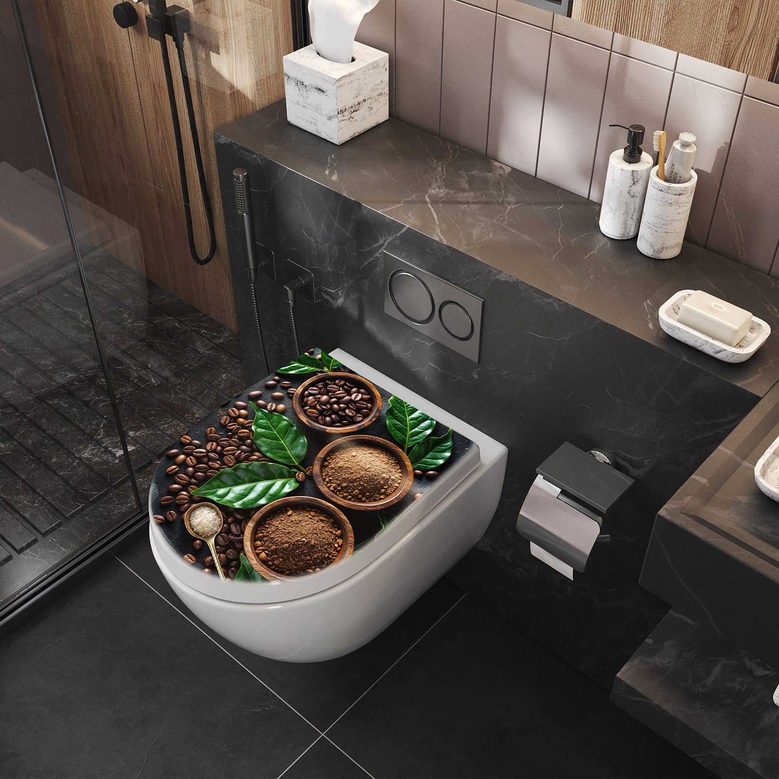 WC-Sitz mit Absenkautomatik Kaffeebohnen Und Blaetter