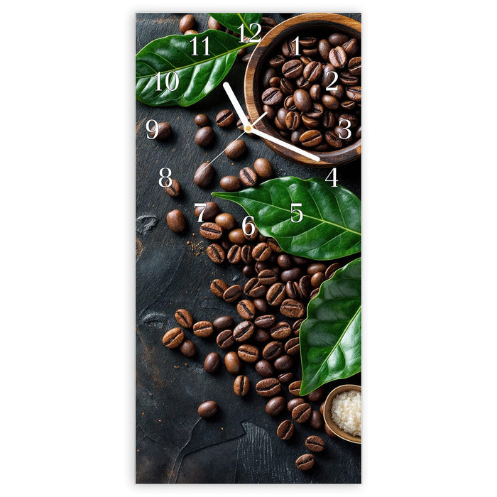 Wanduhr Kaffeebohnen Und Blaetter aus Glas – Hochformat 30 × 60 cm mit Ziffernblatt Klassisch