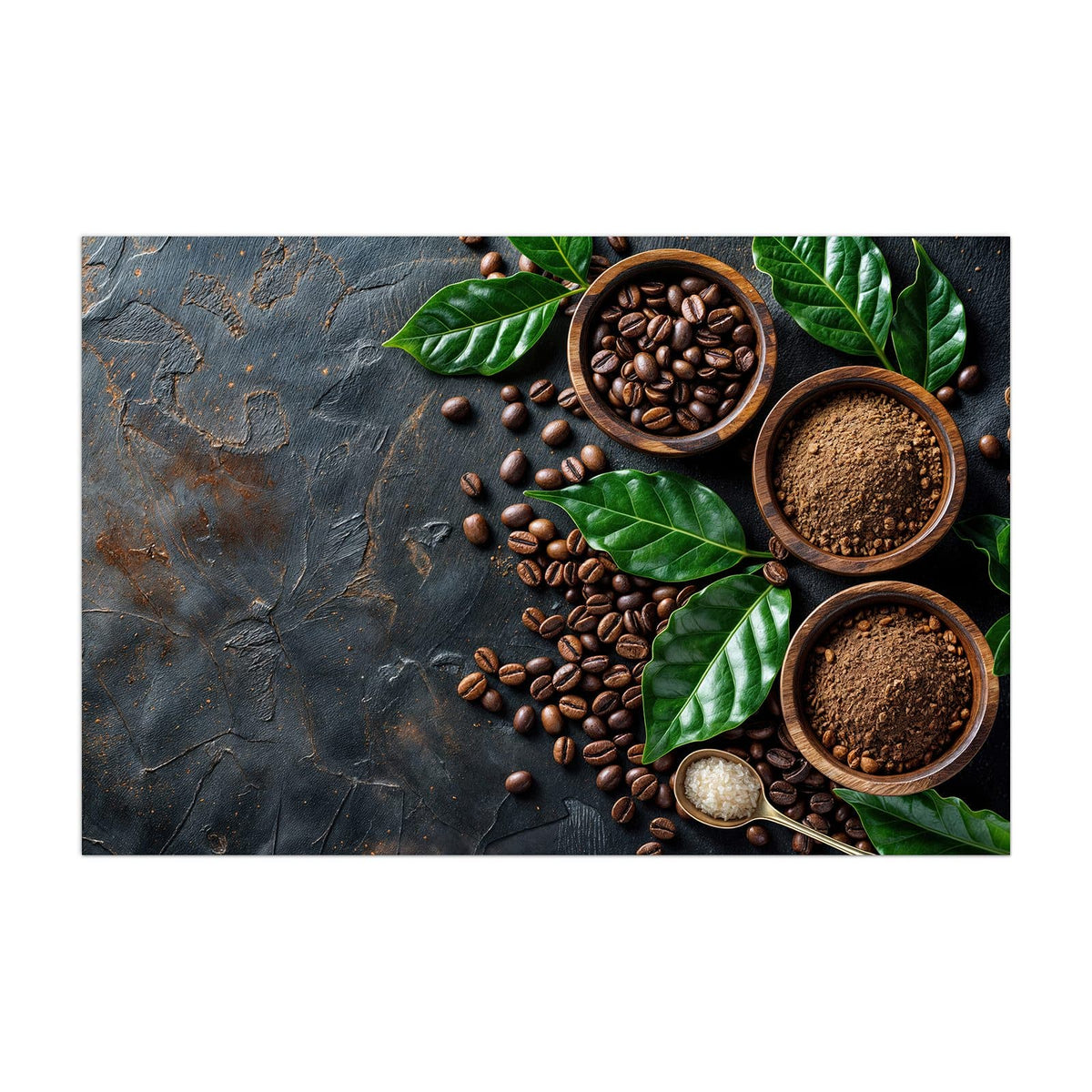 Küchenrückwand aus Glas Kaffeebohnen und Blätter im Hochformat, Motiv bildfüllend von vorn