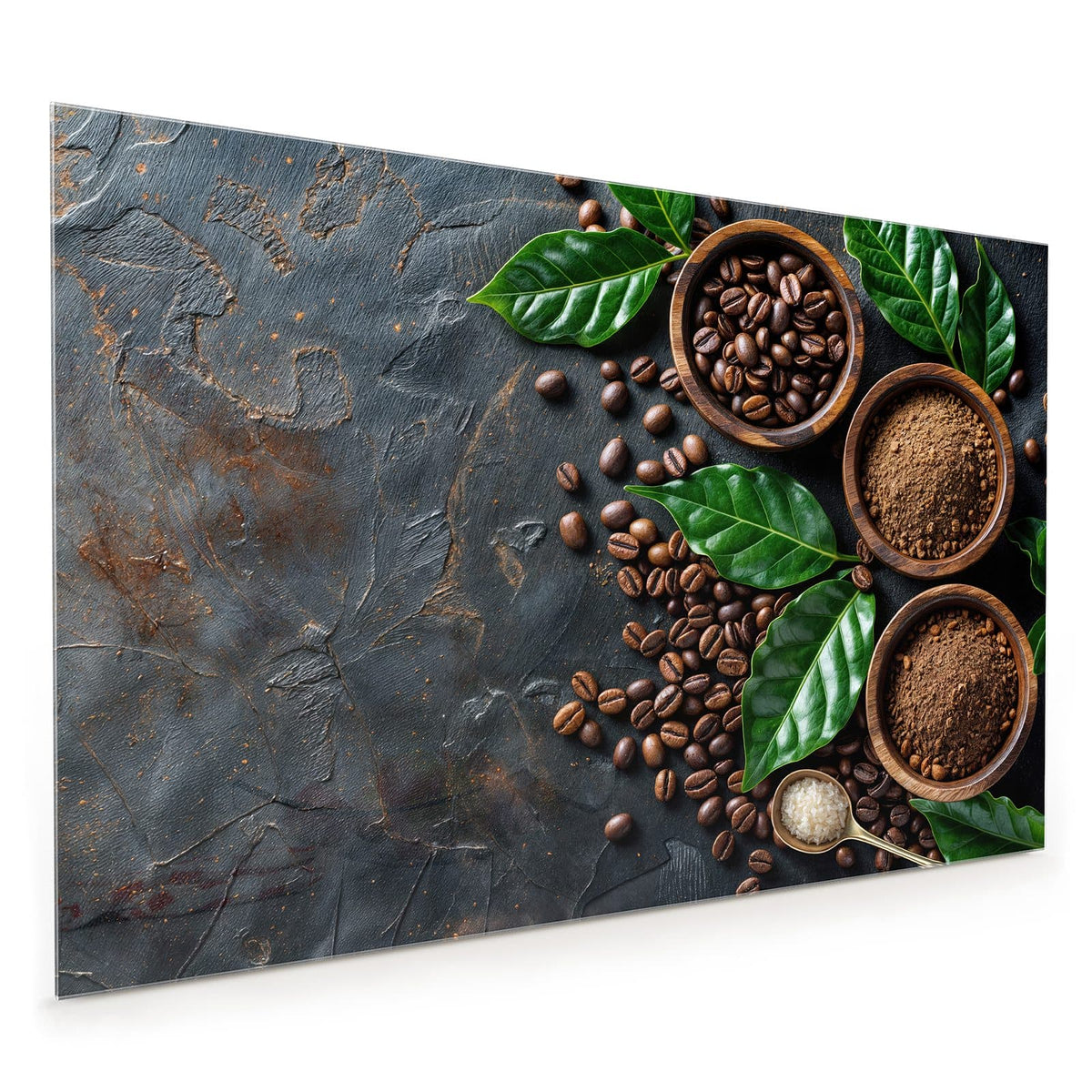 Küchenrückwand aus Glas im Hochformat mit Motiv Kaffeebohnen und Blätter: Drei Holzschalen mit Kaffeebohnen und Kaffeepulver