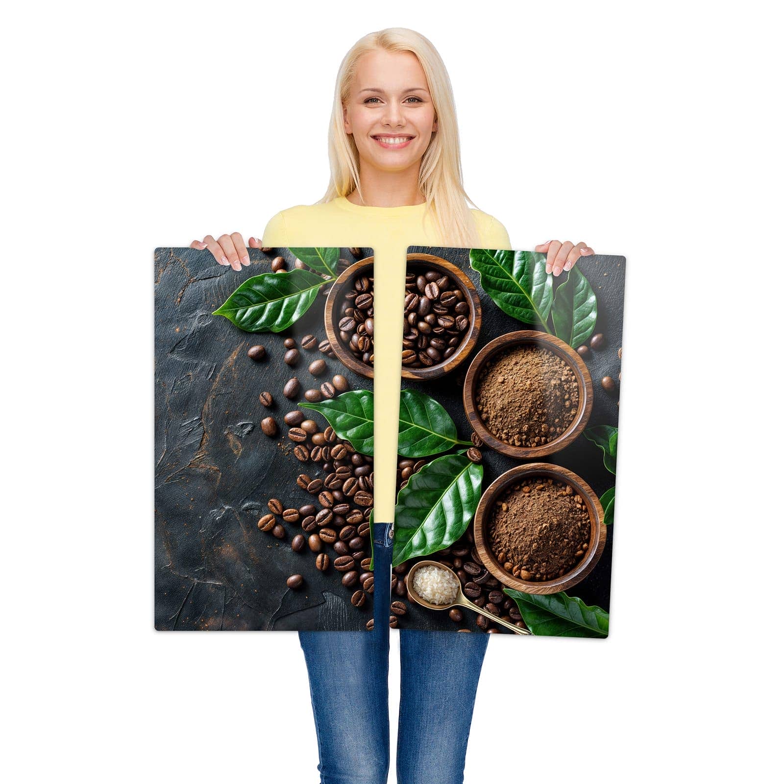 2-teilige Kochfeldabdeckung mit Kaffeebohnen Und Blaetter-Motiv wird zur Größendarstellung gehalten