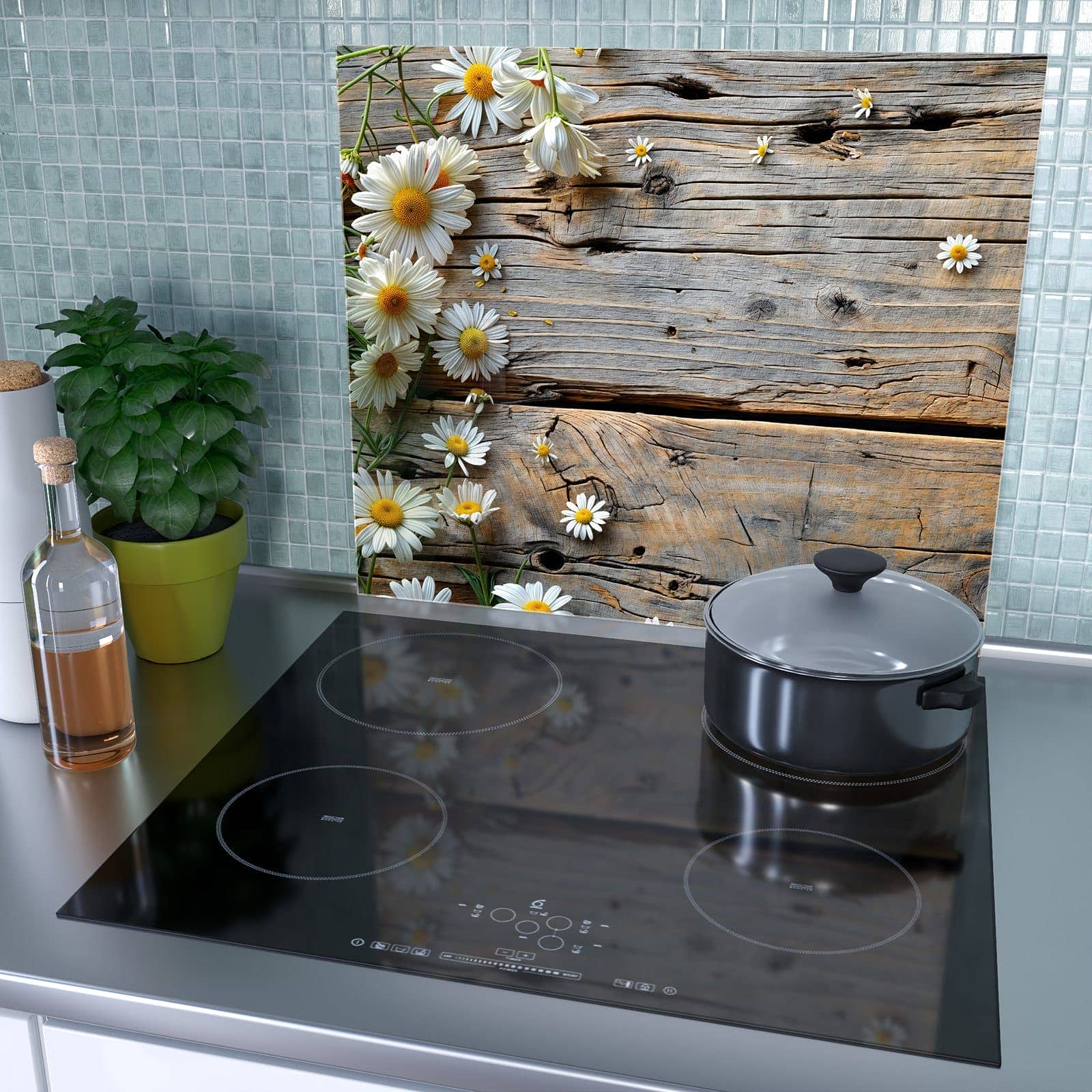 1-teilige Kochfeldabdeckung mit Holz und Gänseblümchen-Motiv als Spritzschutz hinter dem Kochfeld