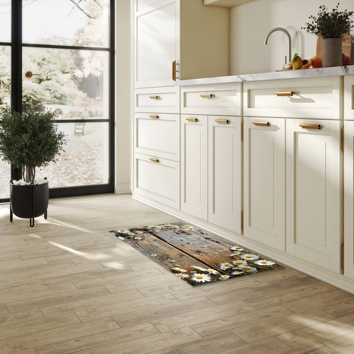 Pflegeleichter Küchenläufer mit Motiv Holz und Gänseblümchen in heller Küche
