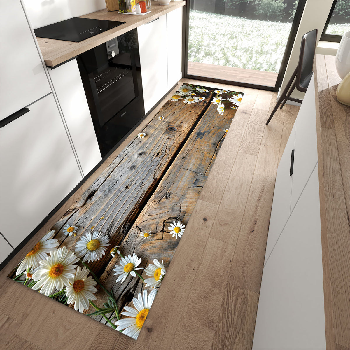 Waschbarer Küchenteppich mit Motiv Holz und Gänseblümchen in moderner Küche