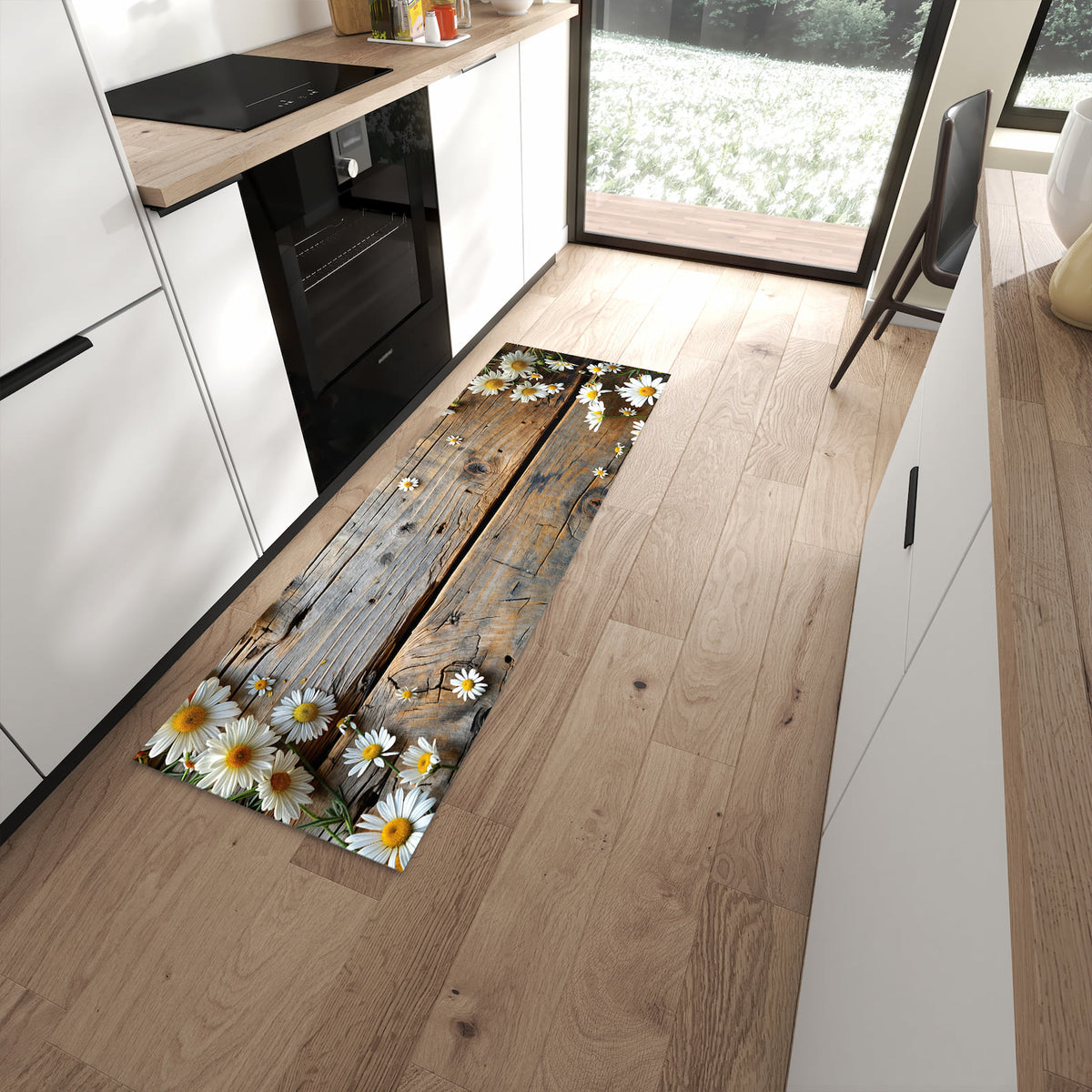 Pflegeleichter Teppich für die Küche mit Motiv Holz und Gänseblümchen in moderner Küche