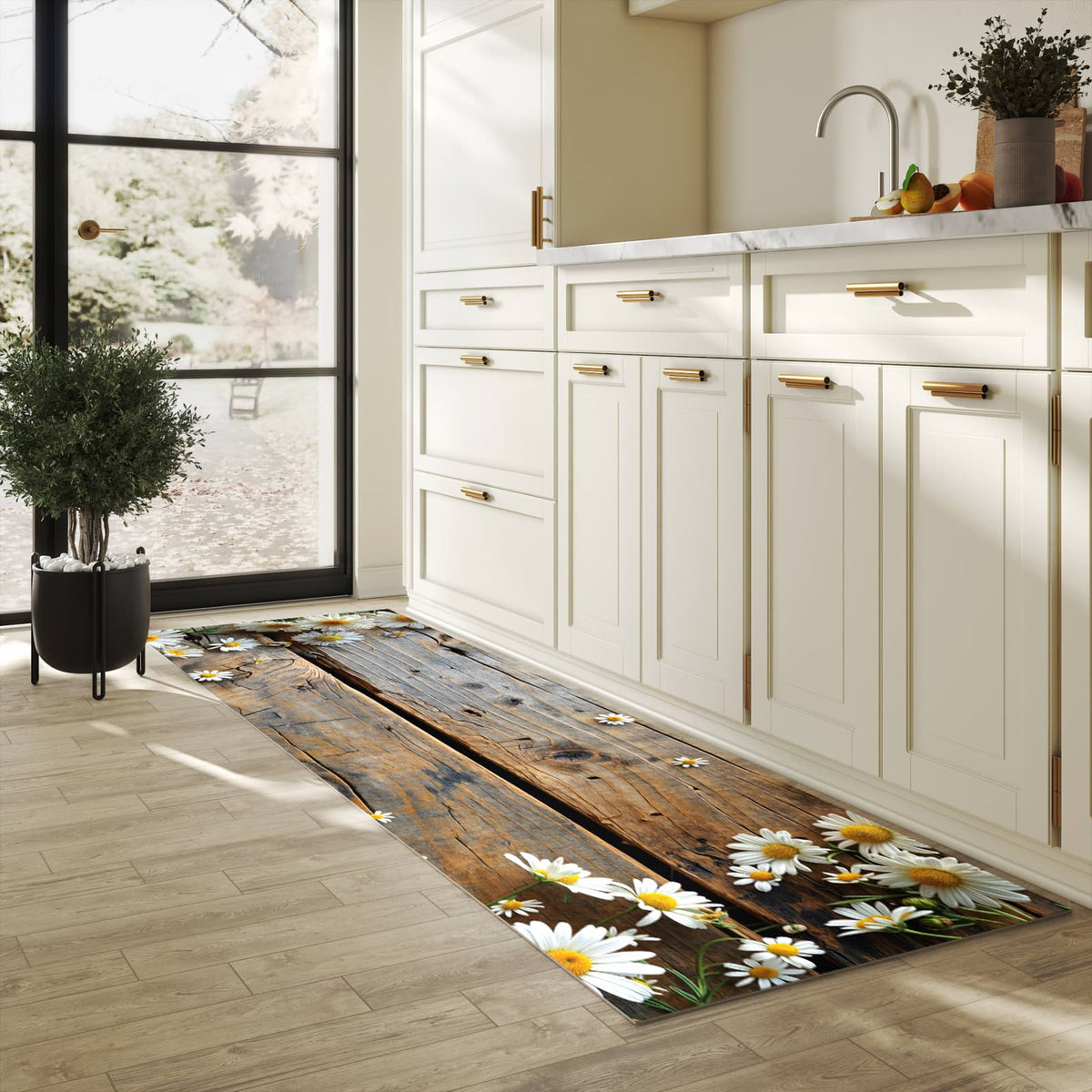 Rutschfester Küchenteppich mit Motiv Holz und Gänseblümchen in heller Küche