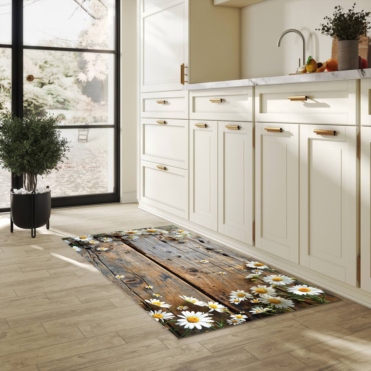 UV-beständiger Küchenläufer mit Motiv Holz und Gänseblümchen in heller Küche