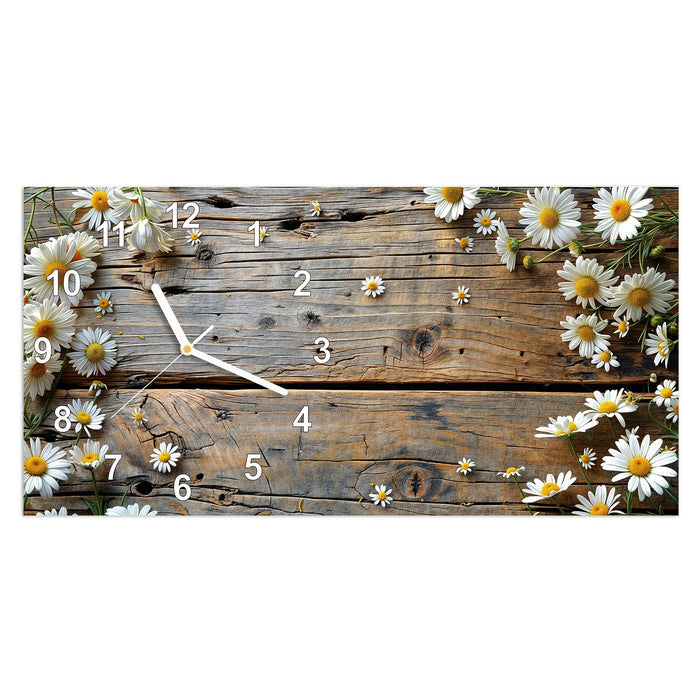 Wanduhr Holz und Gänseblümchen aus Glas – Querformat 60 × 30 cm mit Ziffernblatt Modern