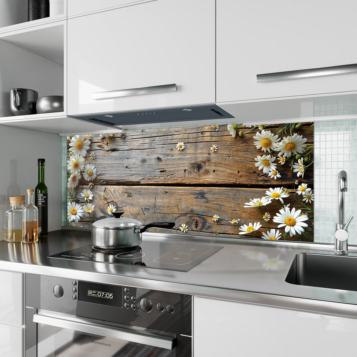 Küchenrückwand aus Glas Gänseblümchen auf Holz im Hochformat als Spritzschutz hinter dem Kochfeld, über dem Fliesenspiegel montiert