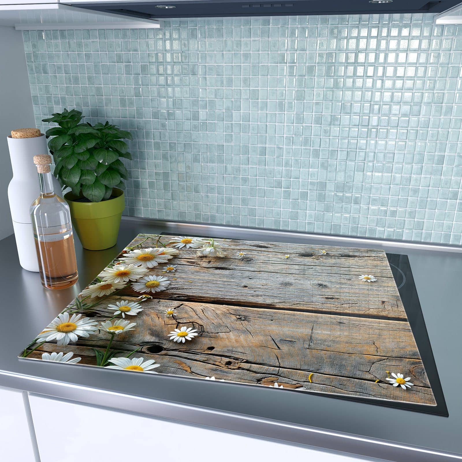 1-teilige Abdeckplatte für Ceranfeld mit Holz und Gänseblümchen-Motiv auf dem Ceranfeld