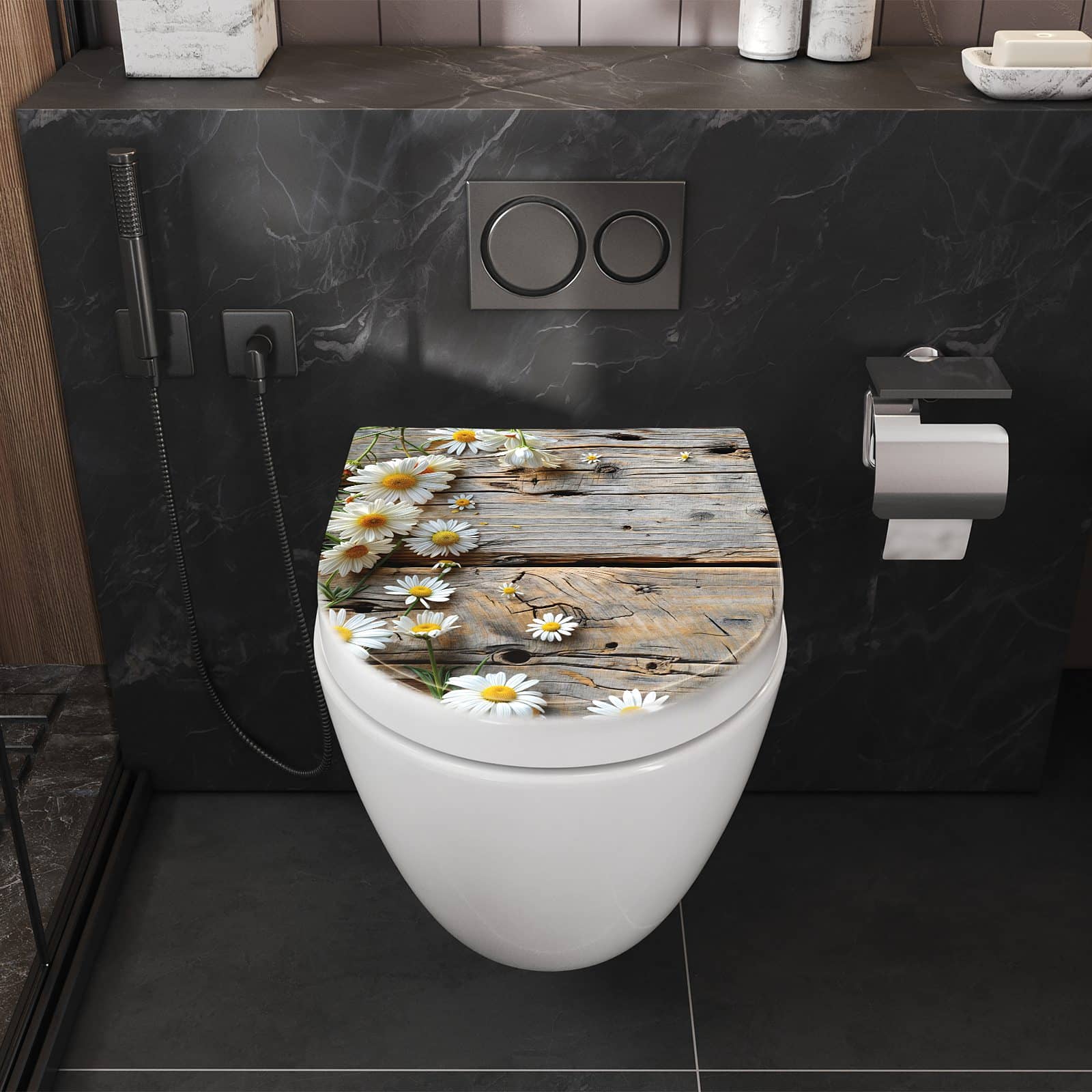WC-Sitz mit Absenkautomatik Holz und Gänseblümchen