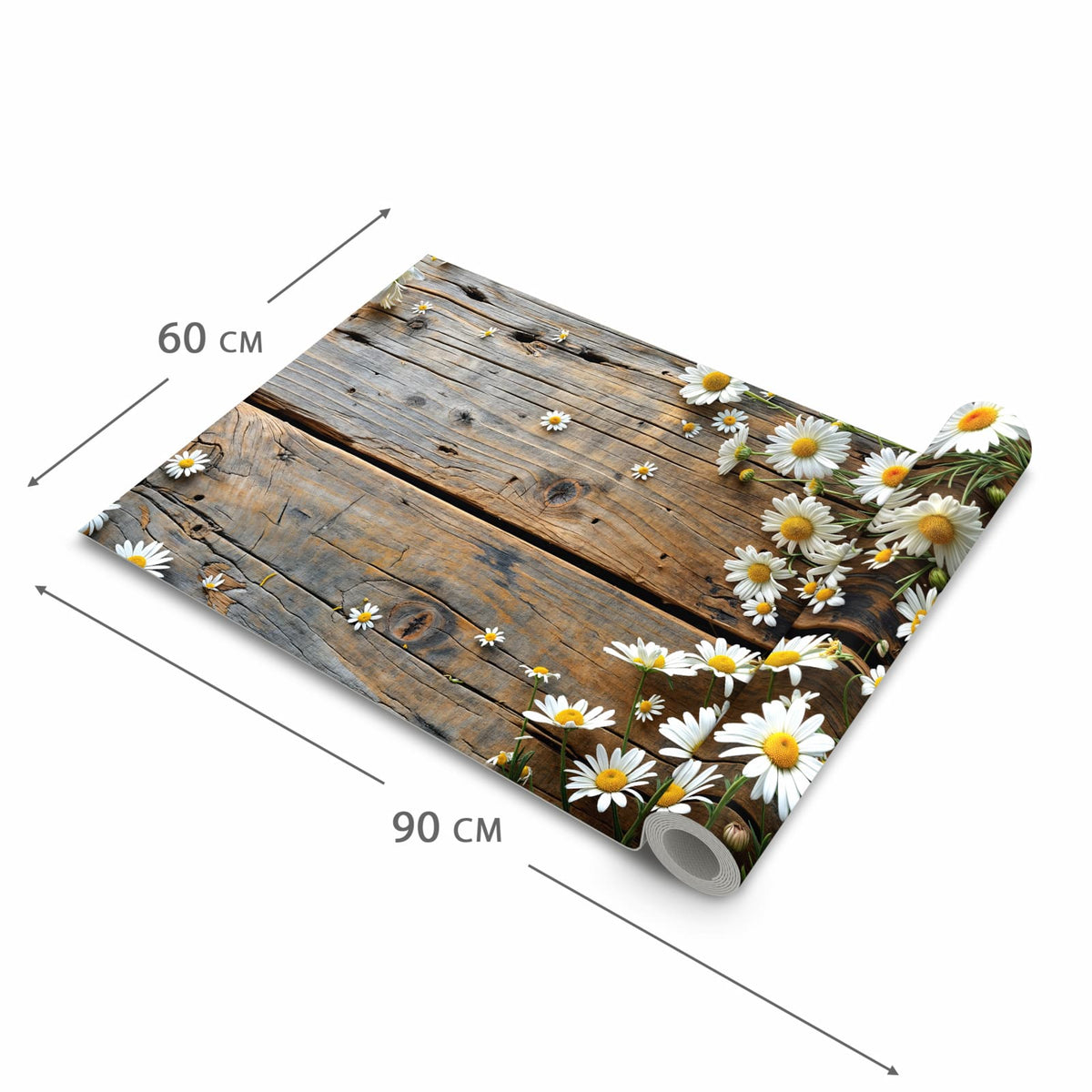 Formstabiler abwaschbarer Küchenteppich mit Motiv Holz und Gänseblümchen in der Grösse 60x120 cm