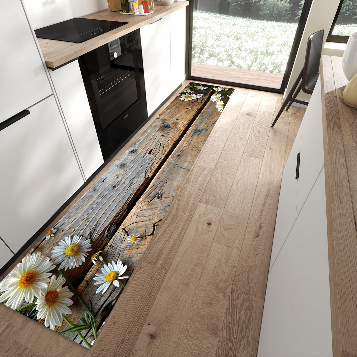 Pflegeleichter Küchenteppich mit Motiv Holz und Gänseblümchen in moderner Küche