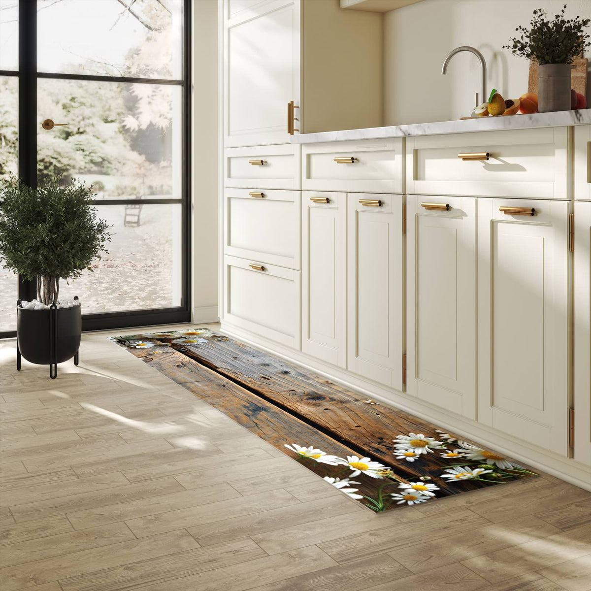 Küchenteppich mit Motiv Holz und Gänseblümchen für angenehme Haptik in heller Küche