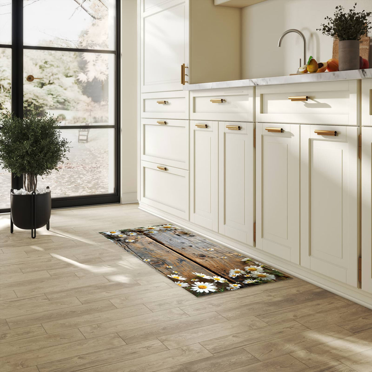 Komfortabler abwaschbarer Küchenteppich mit Motiv Holz und Gänseblümchen in heller Küche