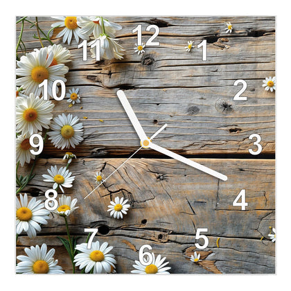 Wanduhr Quadratisch mit dem Motiv Gänseblümchen auf Holz