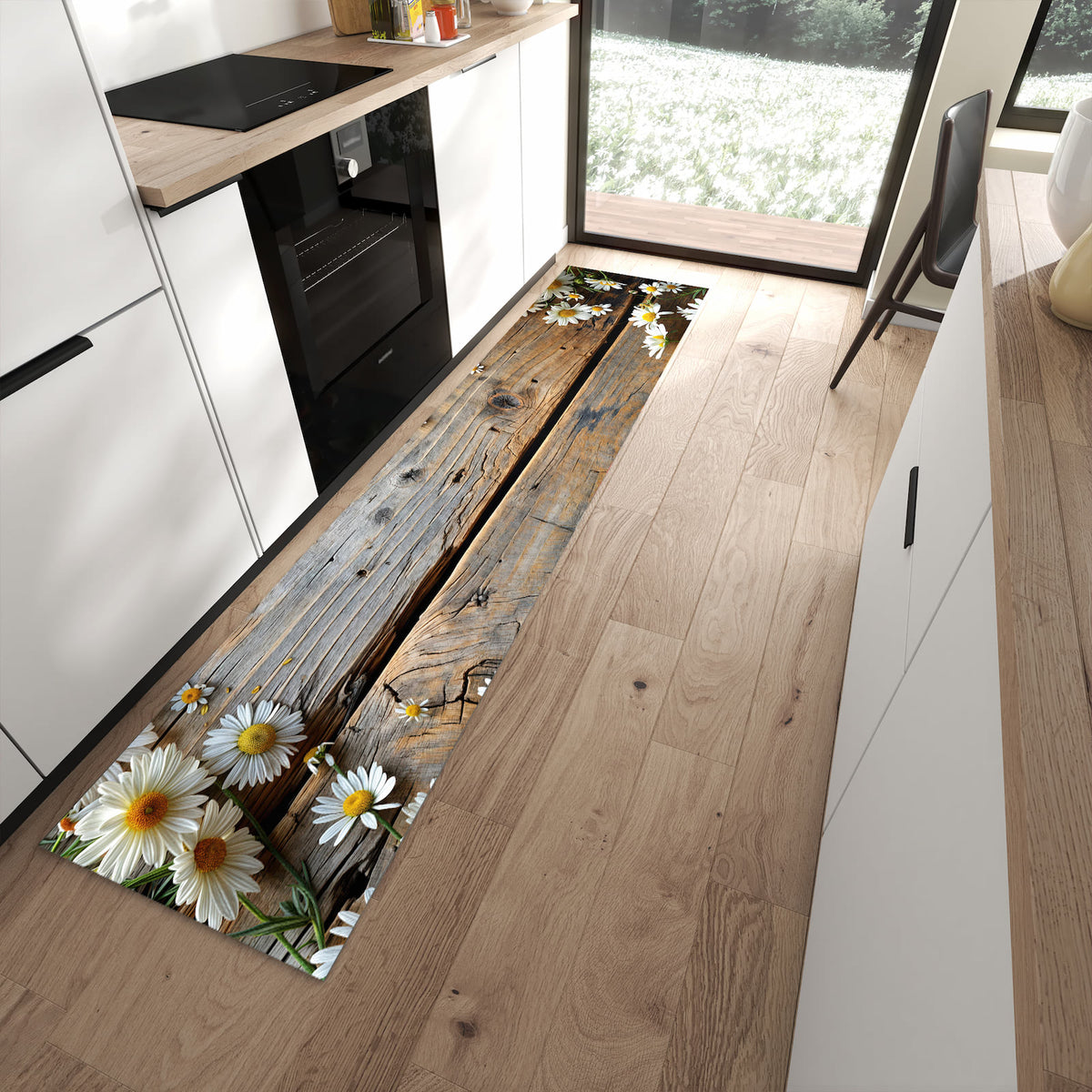 Rutschfester Küchenteppich mit Motiv Holz und Gänseblümchen in moderner Küche