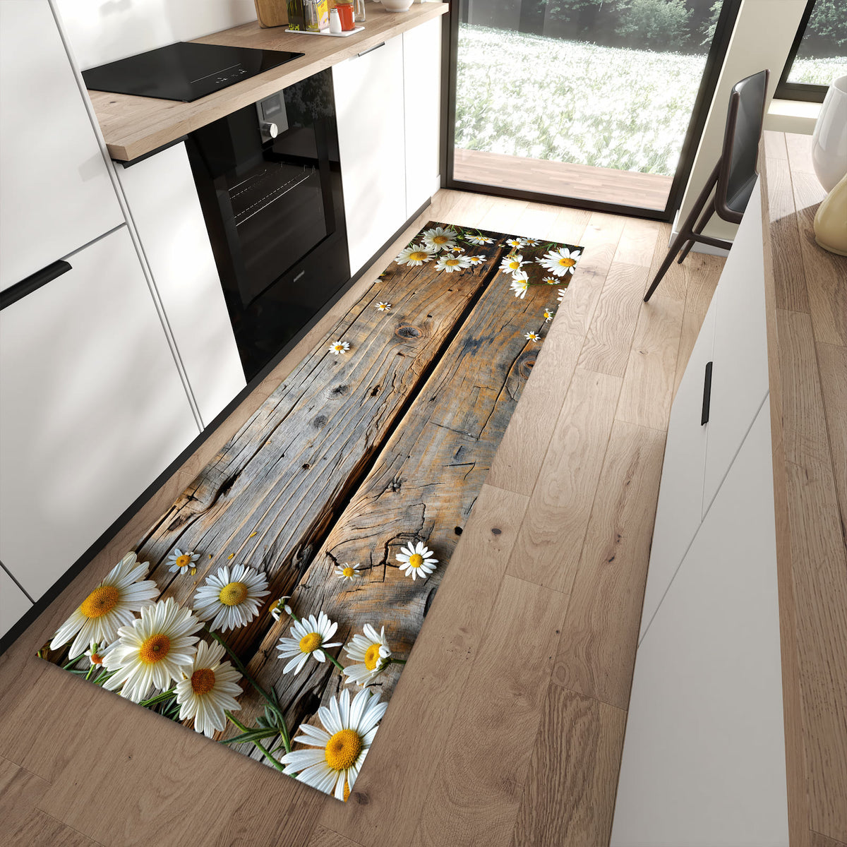 Strapazierfähiger Küchenläufer mit Motiv Holz und Gänseblümchen in moderner Küche