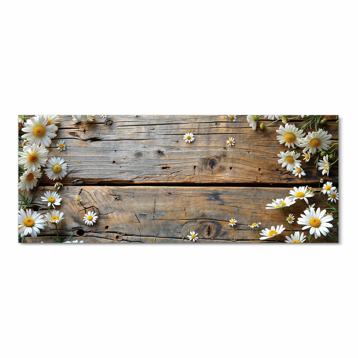 Langlebiger Küchenläufer mit Motiv Holz und Gänseblümchen in Frontansicht