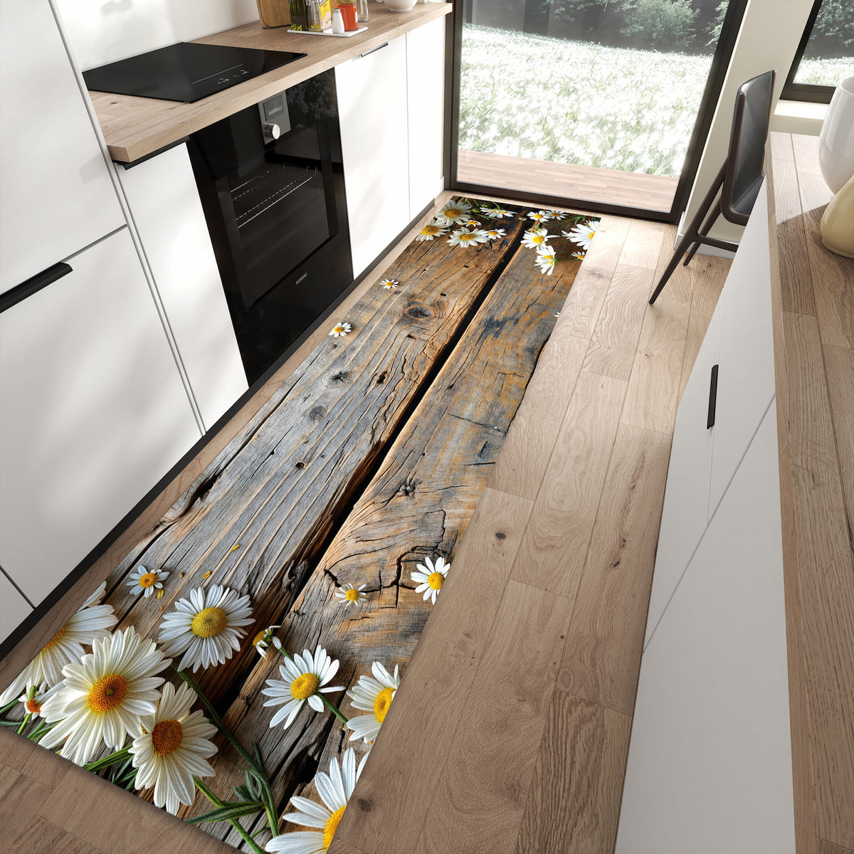 Langlebiger Küchenvorleger mit Motiv Holz und Gänseblümchen in moderner Küche