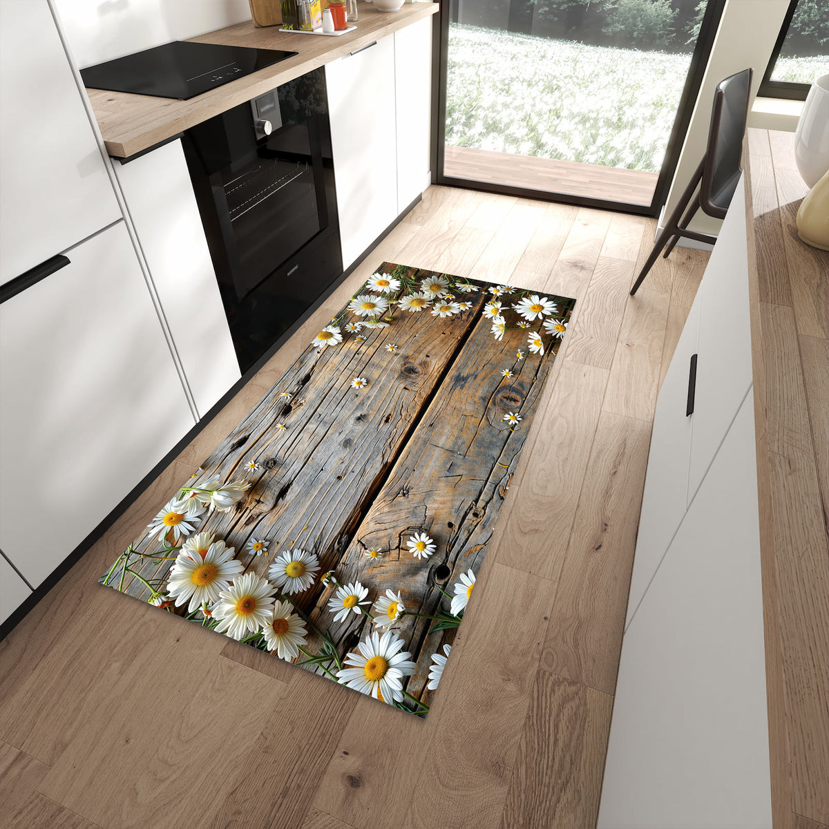 Rutschfester waschbarer Küchenteppich mit Motiv Holz und Gänseblümchen in moderner Küche