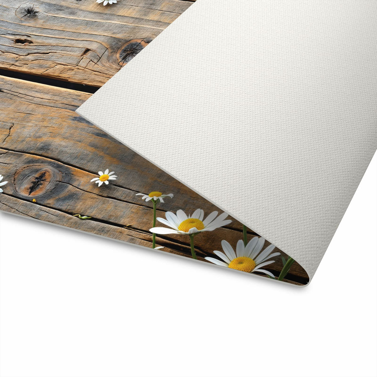 Geruchsneutraler Küchenteppich mit Motiv Holz und Gänseblümchen in der Küche