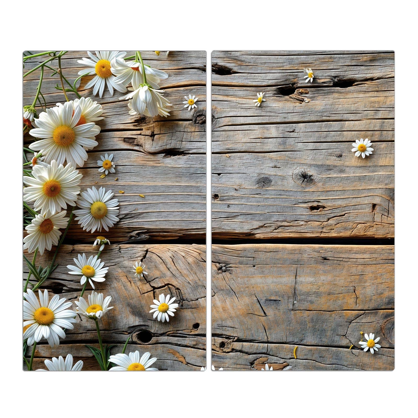 2-teilige Deckplatte aus Glas mit Holz und Gänseblümchen-Motiv in der Frontansicht #grösse_2-Teilig (60x52cm)