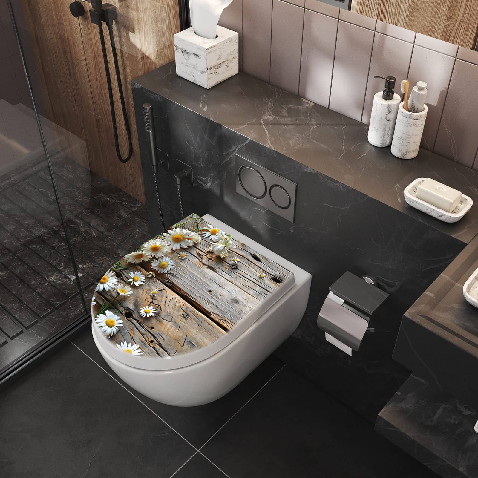 WC-Sitz mit Absenkautomatik Holz und Gänseblümchen