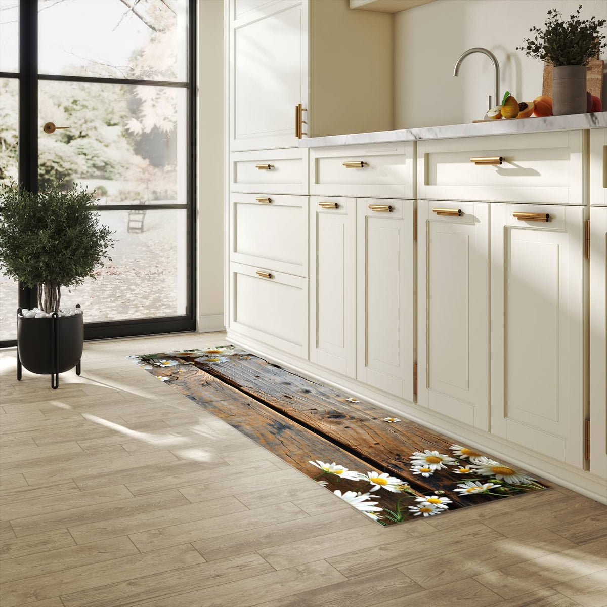 Pflegeleichter Küchenteppich mit Motiv Holz und Gänseblümchen in heller Küche