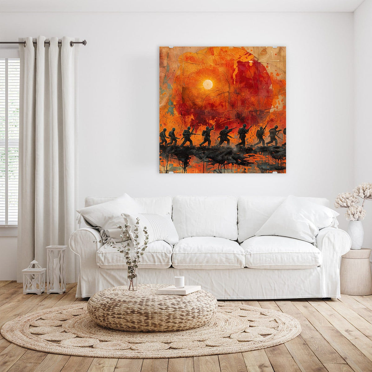 Glasbild Marsch vor roter Sonne an der Wand – Silhouetten marschierender Soldaten mit Gewehren vor einer großen roten Sonne, Farbspritzer im Grunge-Stil