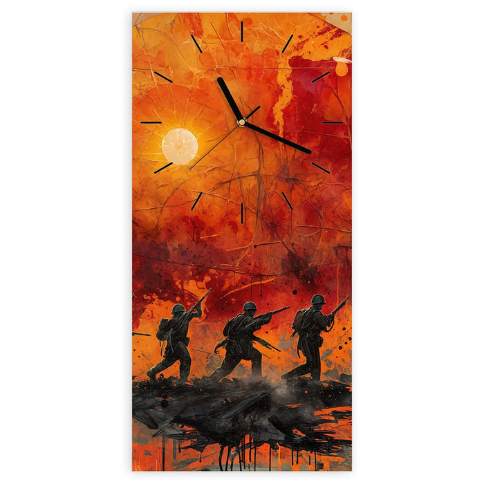 Wanduhr Marsch im Sonnenuntergang aus Glas – Hochformat 30 × 60 cm mit Ziffernblatt Linie