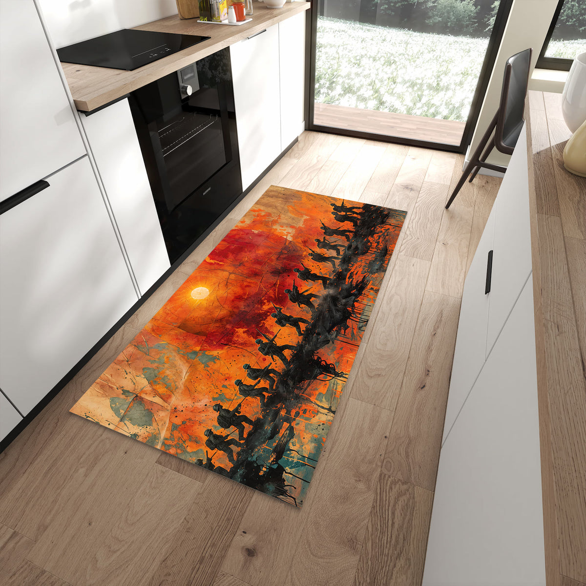 Schmutzabweisender Küchenläufer mit Motiv Marsch im Sonnenuntergang in moderner Küche