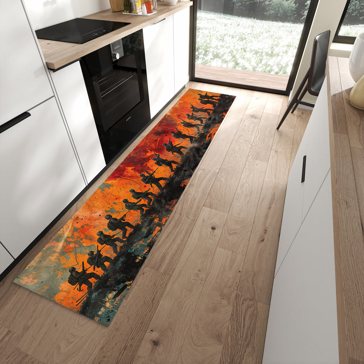 Zeitsparender rutschfester Küchenläufer mit Motiv Marsch im Sonnenuntergang in moderner Küche