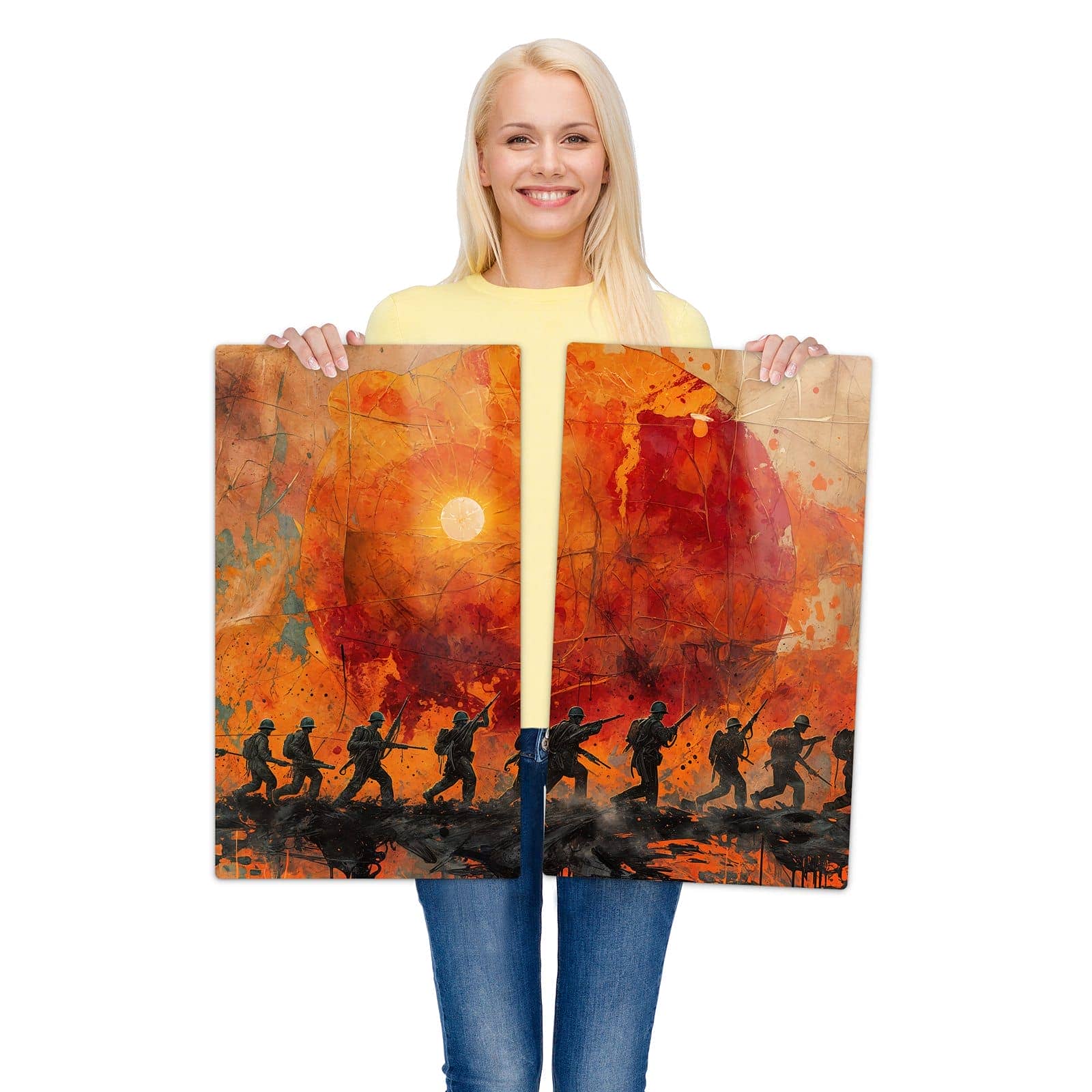 Herdabdeckplatte für Ceranfeld mit Marsch im Sonnenuntergang-Motiv wird zur Größendarstellung gehalten