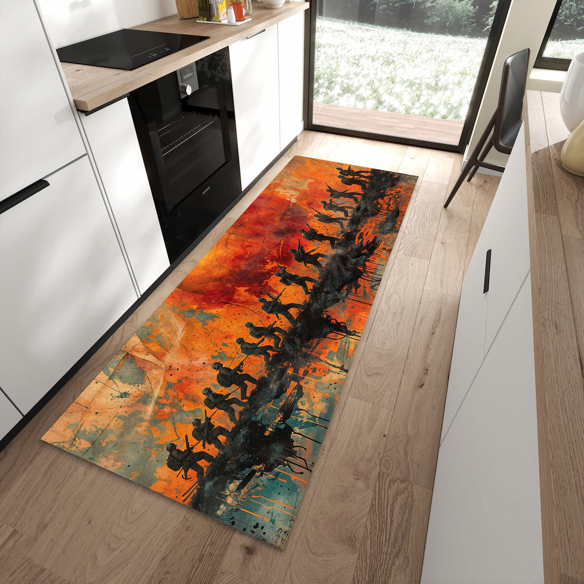Geruchsneutraler Küchenteppich mit Motiv Marsch im Sonnenuntergang in moderner Küche