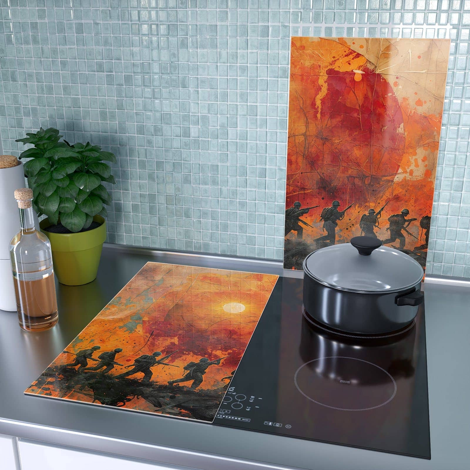 1-teilige Abdeckung für Herdplatten mit Marsch im Sonnenuntergang-Motiv als Spritzschutz hinter dem Kochfeld