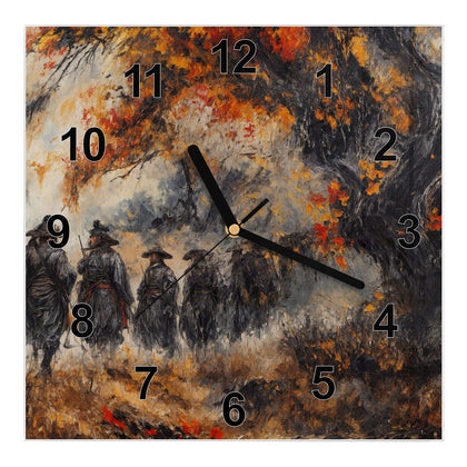 Wanduhr Quadratisch mit dem Motiv Wanderer im Herbstwald