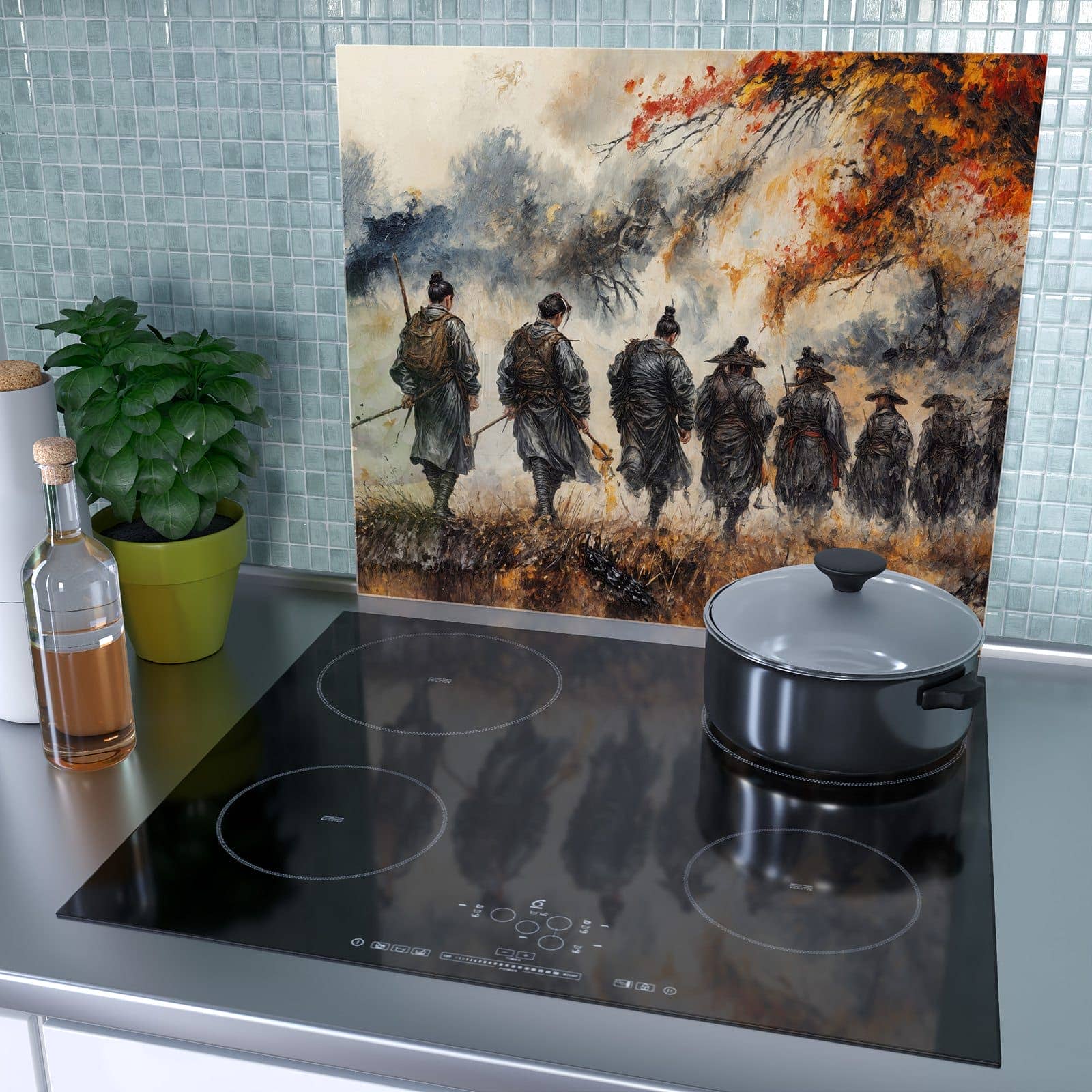 1-teilige Herdabdeckplatte mit Spezialkräfte Herbst-Motiv als Spritzschutz hinter dem Kochfeld