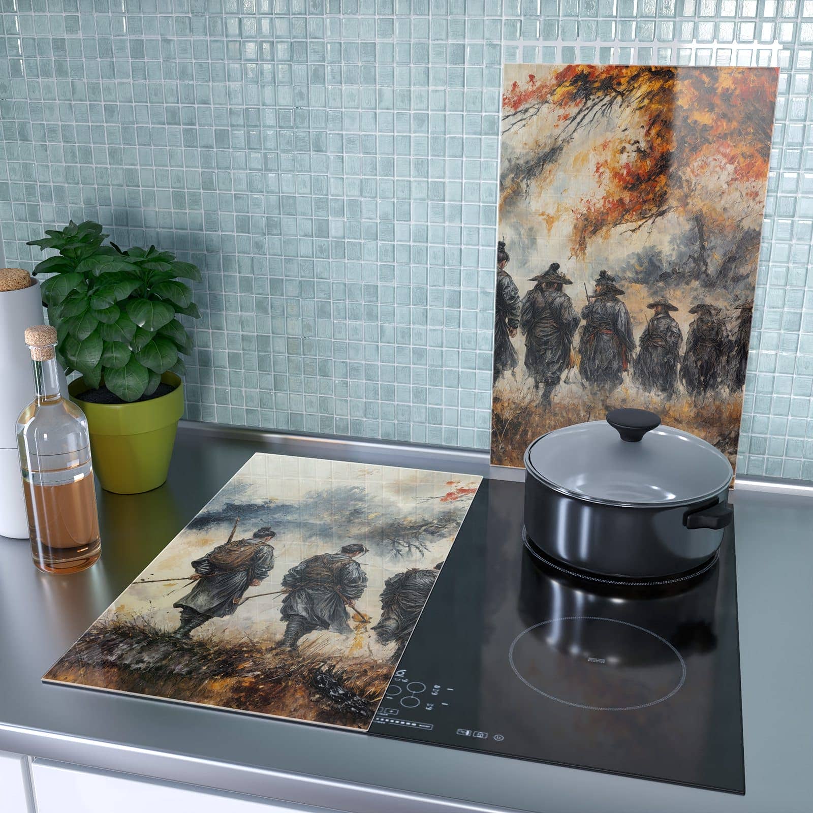 2-teilige Herdabdeckplatten für Ceranfeld mit Spezialkräfte Herbst-Motiv als Spritzschutz hinter dem Kochfeld