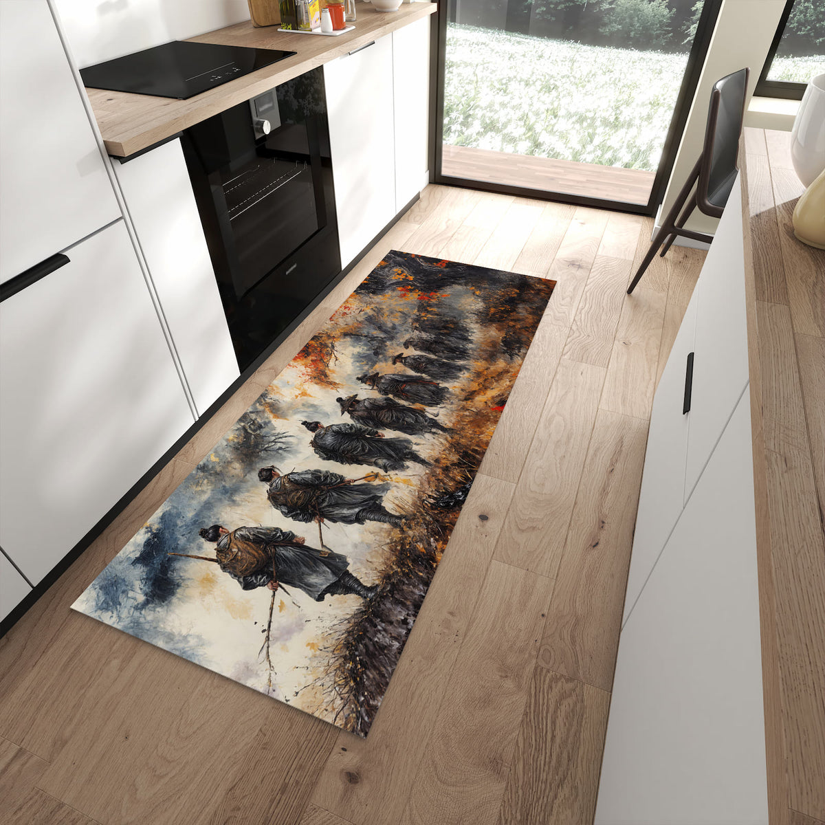 Waschbarer großer Küchenteppich mit Motiv Spezialkräfte Herst in moderner Küche