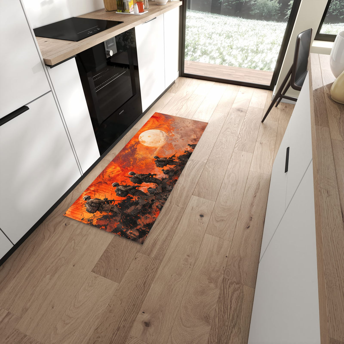 Waschbarer Küchenläufer mit Motiv Soldaten im Sonnenuntergang in moderner Küche für sichere Aufbewahrung #grösse_60 x 150 cm