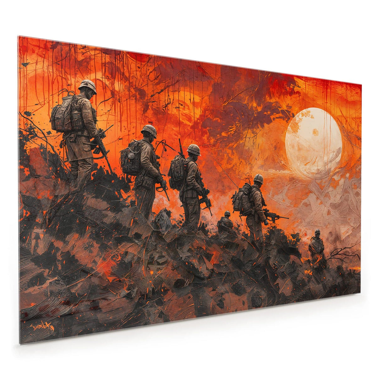 Küchenrückwand aus Glas im Hochformat mit Motiv Soldaten im Abendrot: Gemalte Szene: vier bewaffnete Soldaten steigen über Trümmer