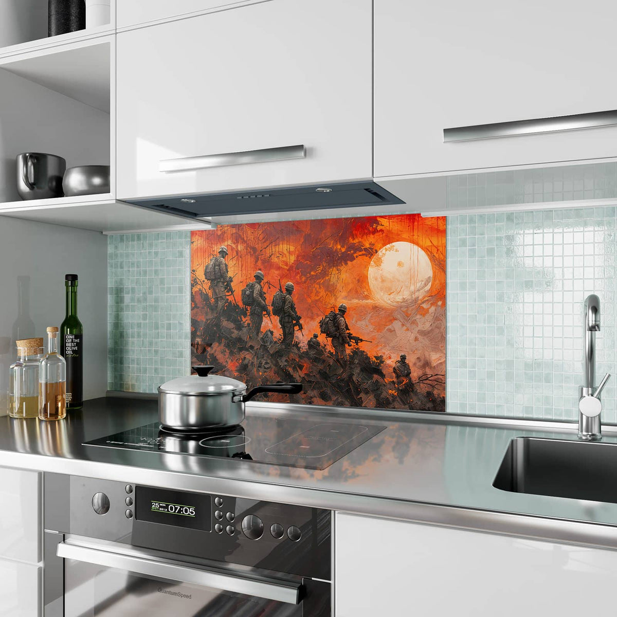 Küchenrückwand aus Glas Soldaten im Abendrot im Hochformat als Spritzschutz hinter dem Kochfeld, über dem Fliesenspiegel montiert