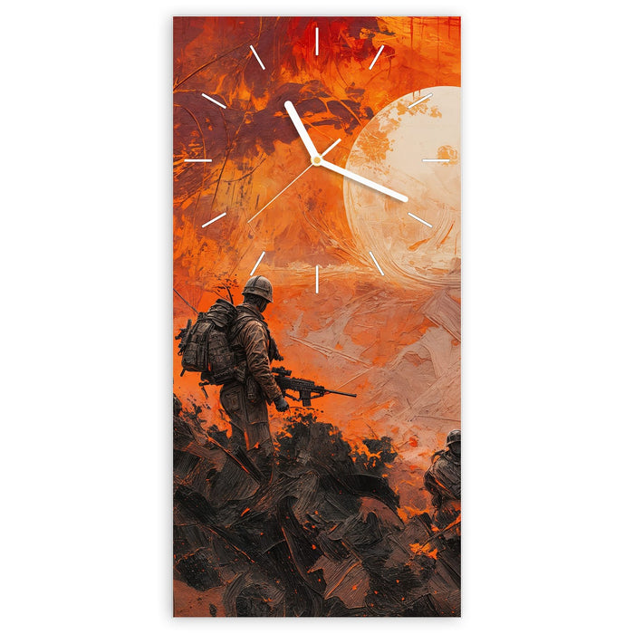Wanduhr Soldaten im Sonnenuntergang aus Glas – Hochformat 30 × 60 cm mit Ziffernblatt Linie