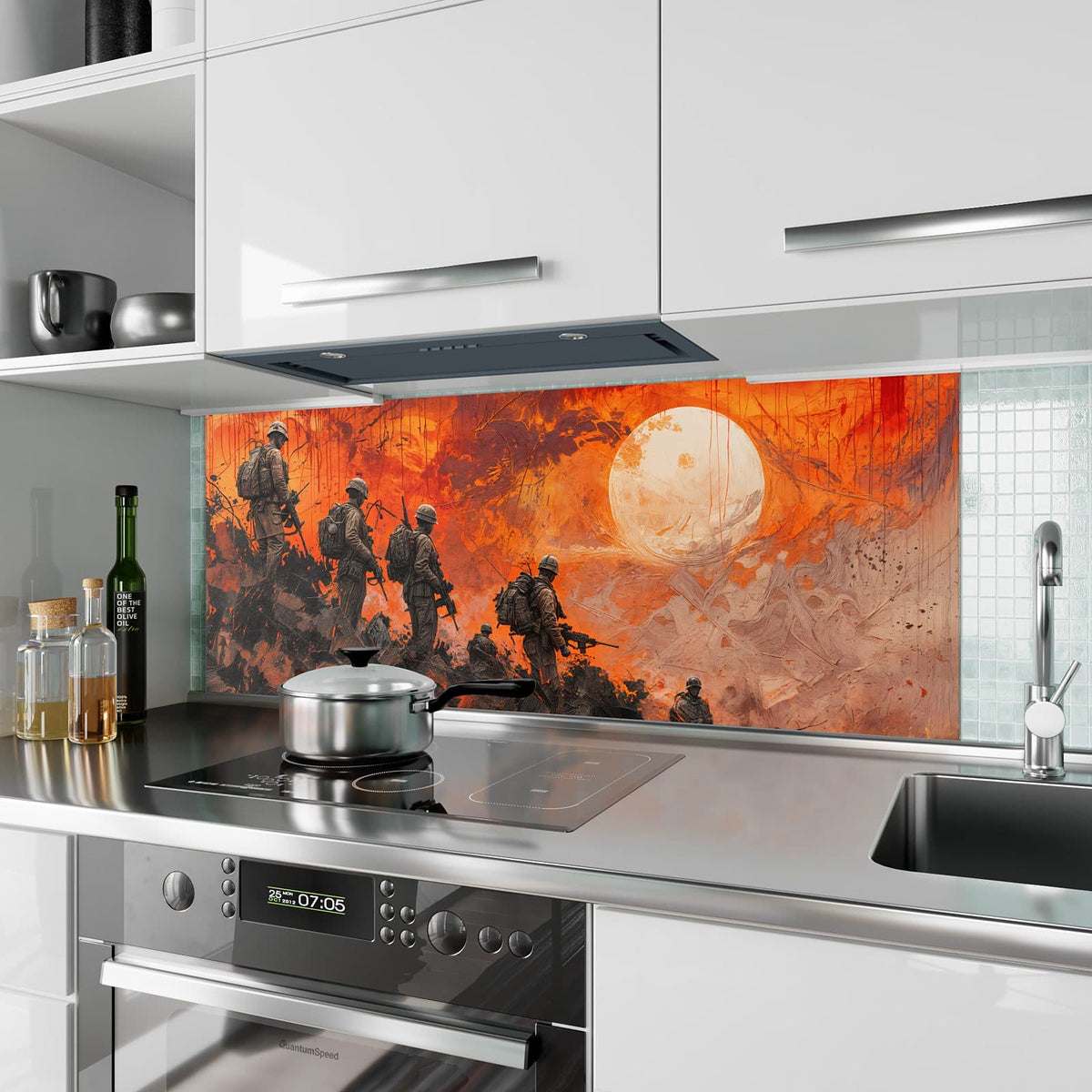 Küchenrückwand aus Glas Soldaten im Abendrot im Hochformat als Spritzschutz hinter dem Kochfeld, über dem Fliesenspiegel montiert