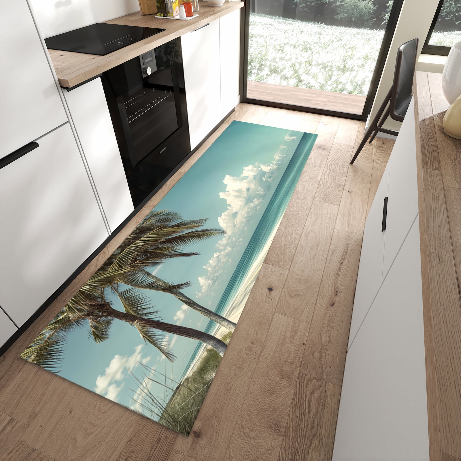 Feuchtigkeitsresistenter Küchenvorleger mit Motiv Strandstraße Palmen in moderner Küche