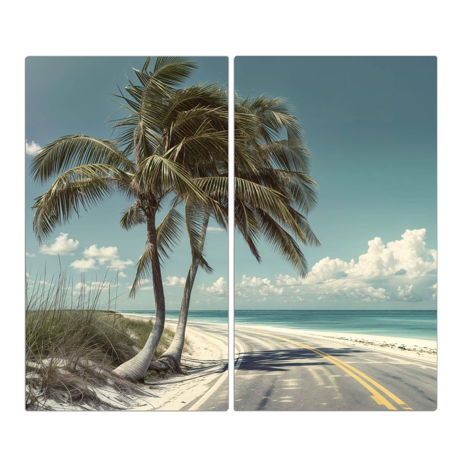 2-teilige Herdabdeckplatten für Ceranfeld mit Strandstraße Palmen-Motiv in der Frontansicht #grösse_2-Teilig (60x52cm)